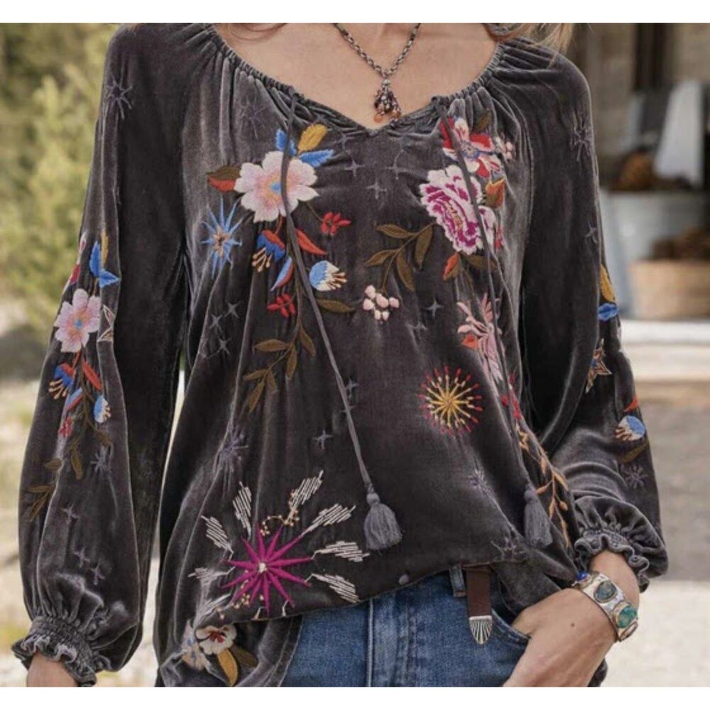 Johnny Was Los Angeles | Gray Celestin Velvet Bishop Sleeve Blouse | Sz XL